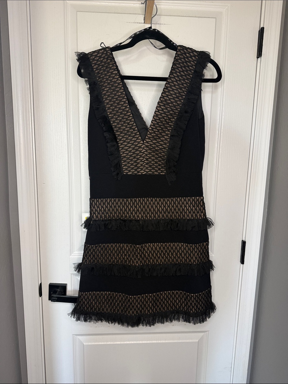 Black Mini Dress with Bronze-Patterned Trim and V-Neck - Picture 5 of 12